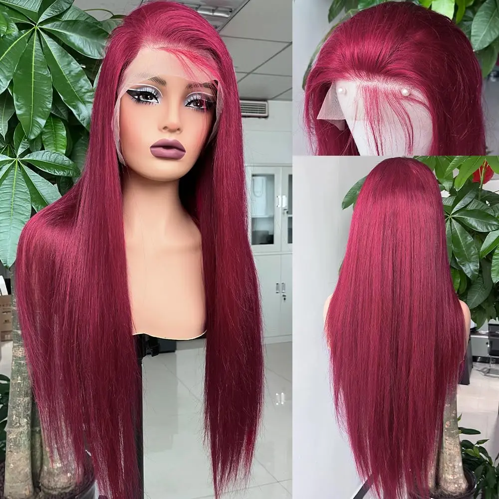 Straight 99J Burgundy Lace Front Wigs Human Hair 13x4 Glueless HD Transparent Red Wig Human Hair Lace front 200% Density Colored