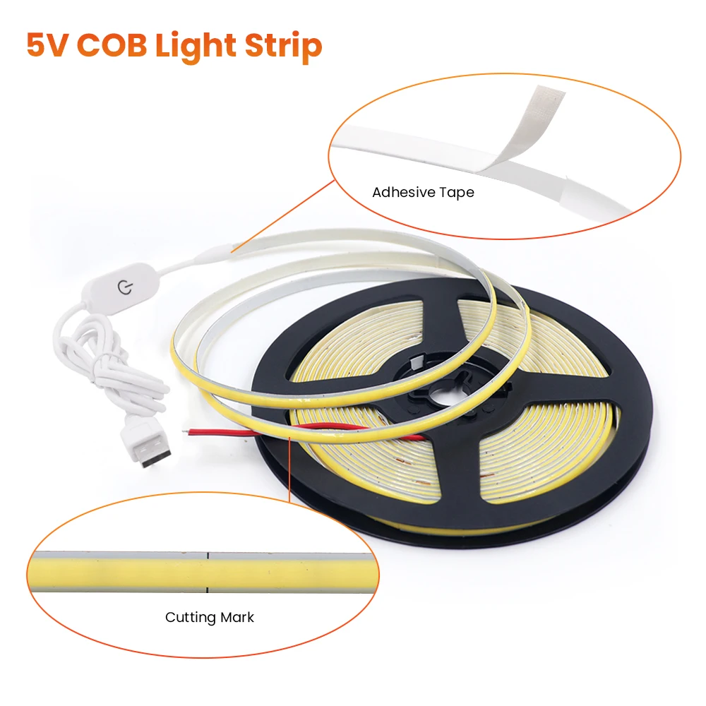 Dimmable COB LED Strip Light with Touch Switch 5V USB Flexible LED Tape 320Leds/m High Density FOB LED Lights Cabinet Lighting