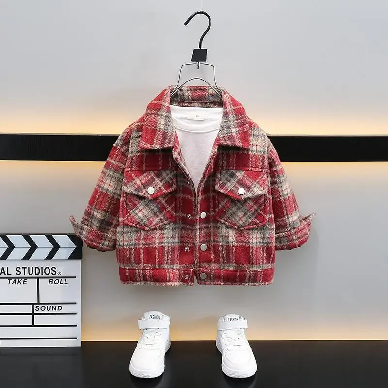 

Kids Boys Woolen Single Breasted Coat Spring Autumn Children's Outerwear 2024 New Boy Girls Checkered Handsome Spring Jacket Top