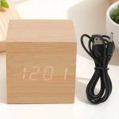 

1pc Digital Alarm Led Temperature Display Wooden Clock For Bedroom Anti-Snooze Usb Powered Dual Display Glowing Square