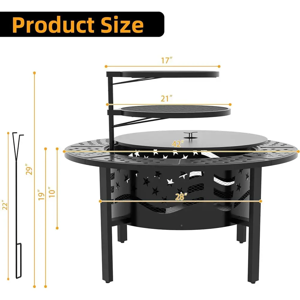 42 Outdoor Wood Burning Fire Pit with 2 Adjustable Grills | Heavy Duty Metal Cover & Poker, Large Round Fireplace for Patio, Bac