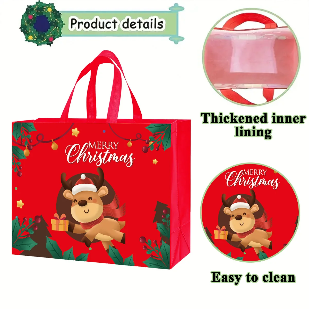 5pcs Large Christmas Gift Bag Reusable Non-Woven Fabric Handbag Holiday Party Supplies Grocery Shopping Bag Wholesale