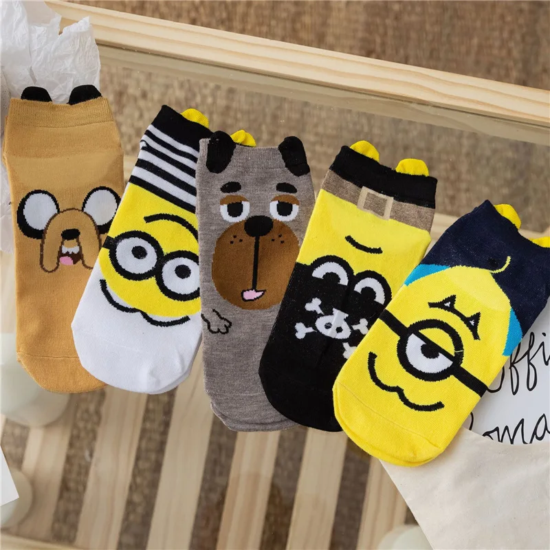 10 Pieces=5 Pairs Kawaii Cartoon Women Socks Ins Cute Animal Pattern Socks Slippers Happy Funny Girl Cotton Socks Dropshipping