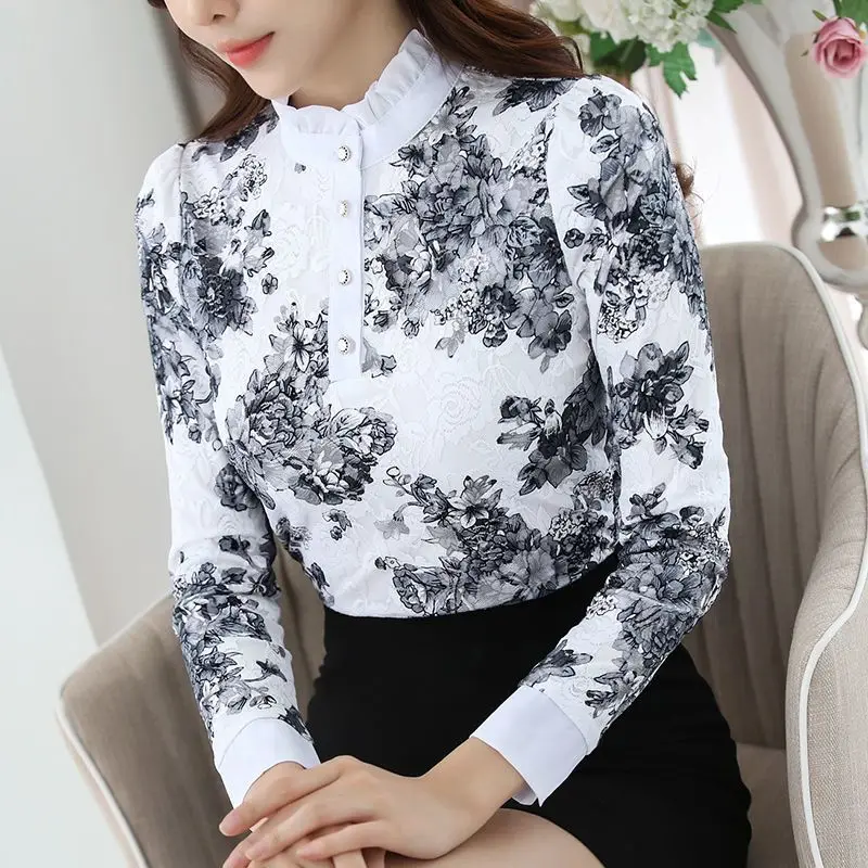 

Elegant Printed Ruffled Neck Button Lace Blouses Women's Clothing 2023 Winter New Loose All-match Tops Office Lady Warm Shirts