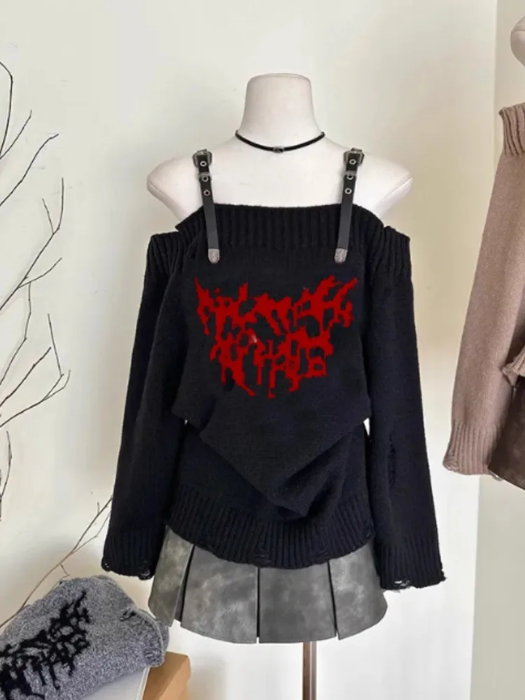 

Women Sweet Spicy Off Shoulder Knit Sweater Autumn Winter Y2k Harajuku Gothic Loose Knitwear Tops Vintage Fashion Pullover New