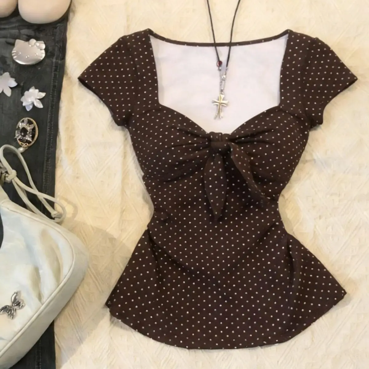 Harajuku Süße Polka Dot T-Shirts für Damen, braun, mit Schleife vorne, schmal geschnitten, Kurzarm-Shirts, Y2K, lässig, niedliche Oberteile, modisch, bequem, neu