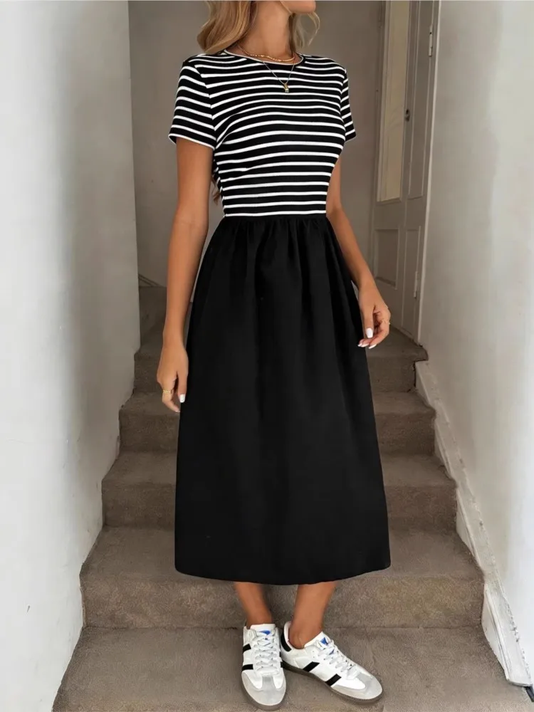

Summer Casual Dresses For Lady 2026 Dress All-match Vestido Woman Retro Striped Patchwork Contrast Slim Round Neck Short Sleeves