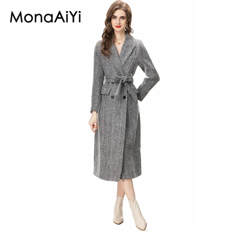 

MonaAiYi High Street Fashion Designer Autumn Outerwear Women's Lapel Long Sleeves Double-Breasted Girdle Gray Wool Coat