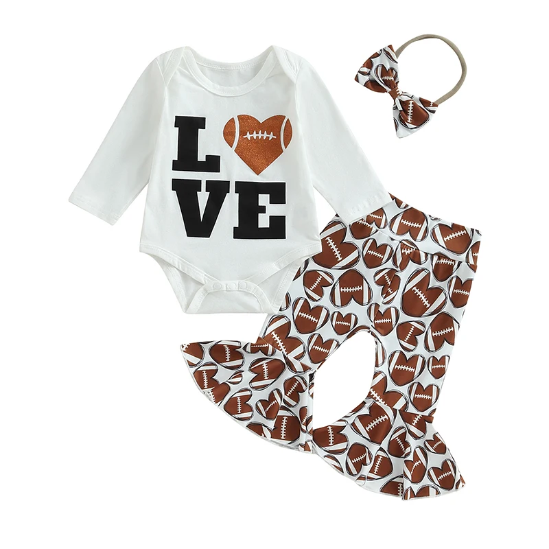 

Baby Girls Warm Clothes Letter Print Long Sleeves Romper and Football Flared Pants Headband 3 Pieces Outfits