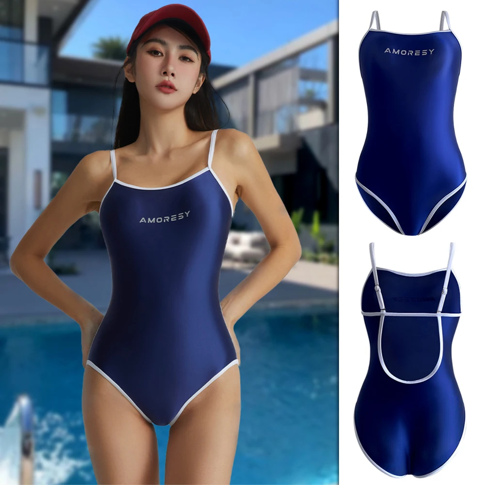 

AMORESY Women Japanese Backless One Piece Swimsuit Sports Yoga Sleeveless Suspenders Swimwear Beach Tights Spandex Bathing Suits