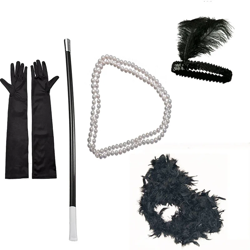 1920s Flapper Girl Costume Set Halloween 5PCS Gloves Necklace Headband Feather Boa