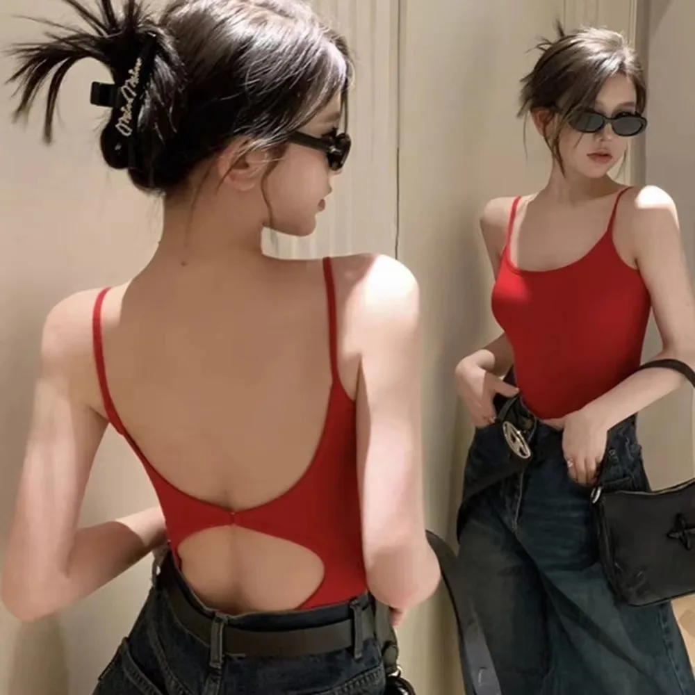 New Hollow Out Open-Back Tank Top with Sleek Padded Breathable Sleeveless Top Women Bodysuit
