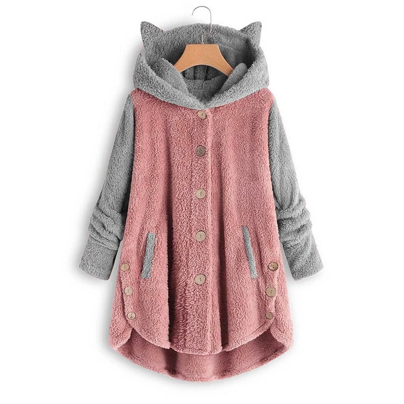 Cat Print Long Hoodies Sweatshirt Women Fleece Warm Button Pocket Pullovers Cat Ear Plus Size Hoodie Top Blouse Sweat Femme