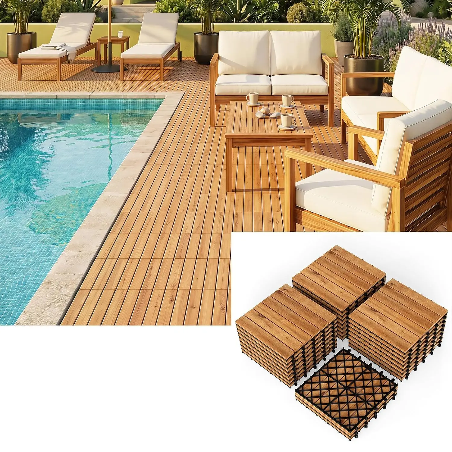 27 PCS Acacia Wood Deck Tiles with Interlocking Snap-On System, Anti-Slip Textured Surface, Raised PP Base for Drainage & Airflow