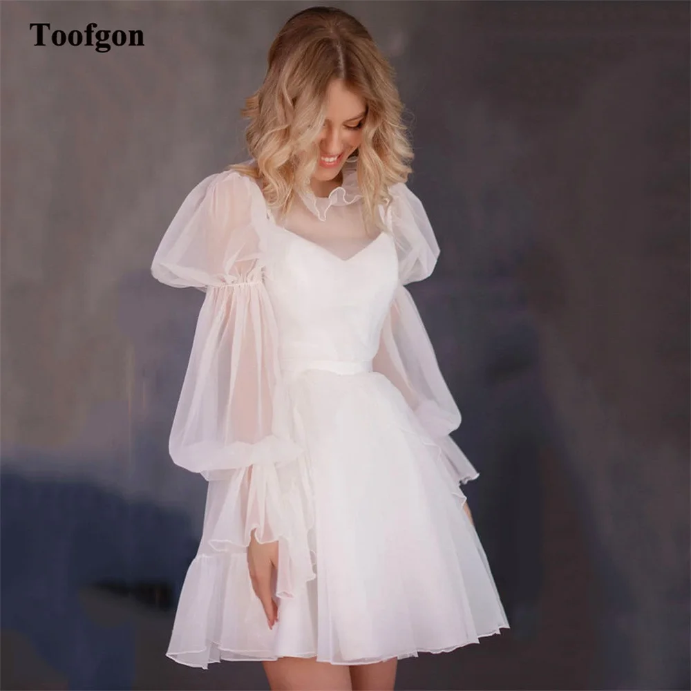 

Toofgon Simple A Line Short Bride Wedding Dresses Puff Long Sleeves Mini Bridal Gowns Women Formal Prom Party Event Dress