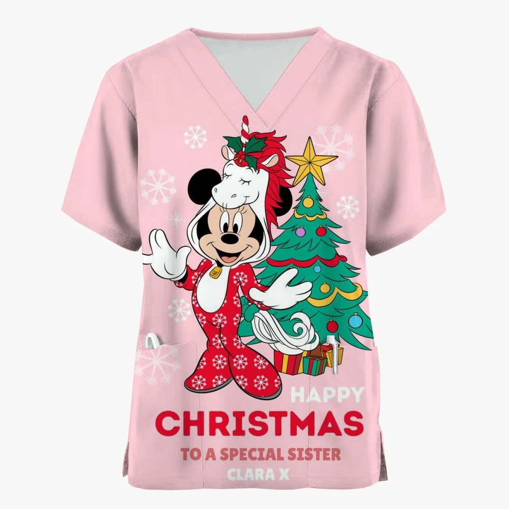 ディズニー-女性のディズニーミッキーマウスナースユニフォーム、ミニープリントポケットオーバーオール、医療看護ブラウス、クリスマストップス