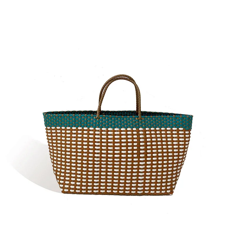 Handgefertigte Colorblock-Webtasche, Damen-Sommer-Tragetasche, Sommer-Einkaufstasche für Strandurlaub, Picknick, Haustiertransport – Detail 13