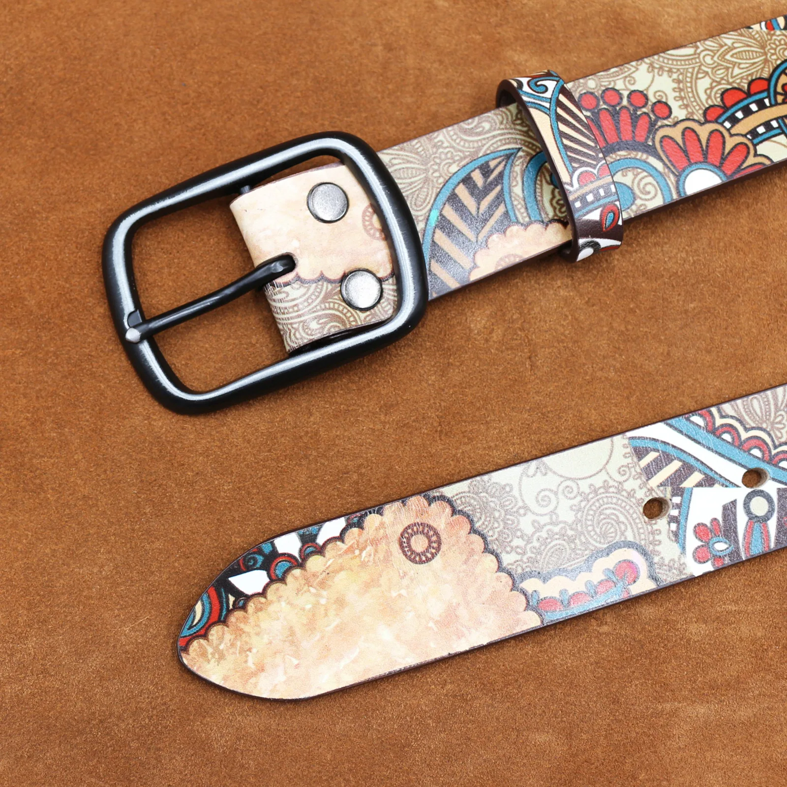 Original Design Real Cow Leather Waist Belts Graffiti Printing Vintage Jeans Belts Women Men Hip Hop Cinturon Ethnic Style Belts