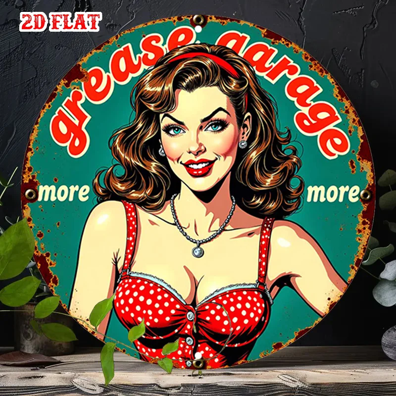 2D Flaches - Rundes Aluminiumschild mit Kräftigen Farben, mit Garagen-Thema. Dieses Vintage-Pinup-Schild misst 7,87 x 7,87 Zoll.