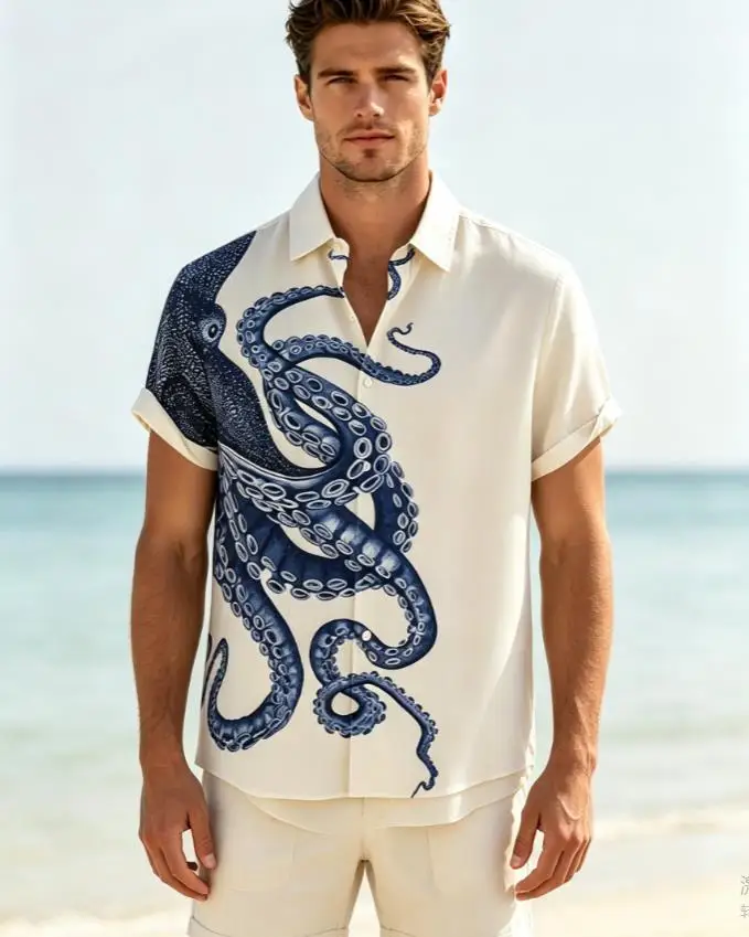New Nautical Men's Shirt Navy Octopus Half Print Lapel Roll Sleeve Light Fabric Beach Holiday Mens Apparel