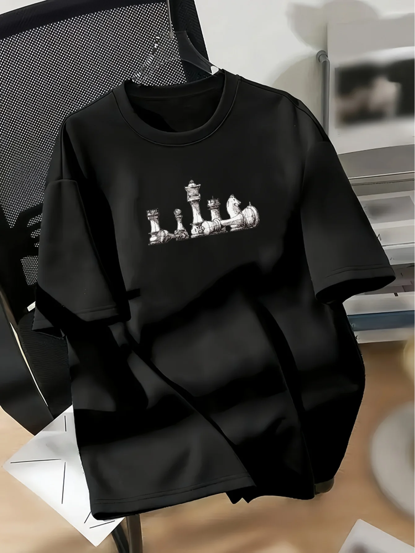 

Men'S Chess Sketch Print T-Shirt, 100% Cotton, Casual Round Neck Short Sleeve, Regular Fit, All-Season Knit Fabric, Adult Unisex