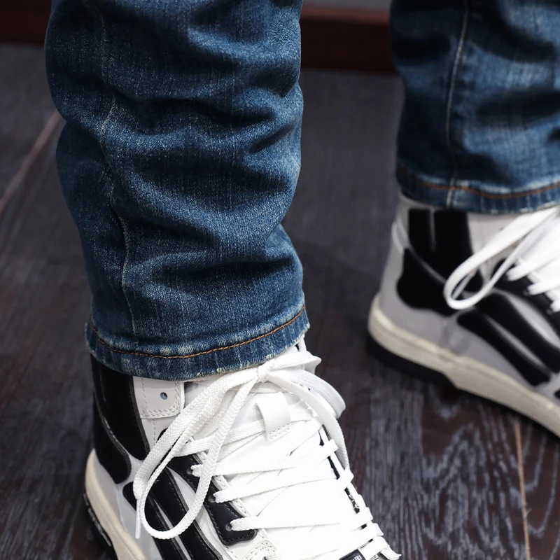 Italian Style Fashion Men Jeans Retro Blue Elastic Slim Fit Hole Ripped Jeans Men Vintage Designer Trousers Denim Pants Hombre