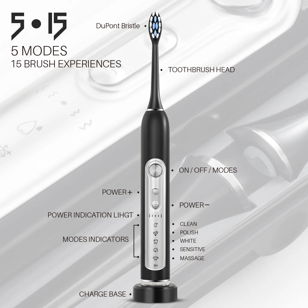 SUBORT Sonic Electric Toothbrushes Adult Smart Timer Brush 5 Mode Rechargeable Whitening Toothbrush IPX7 Waterproof 6 Brush Head