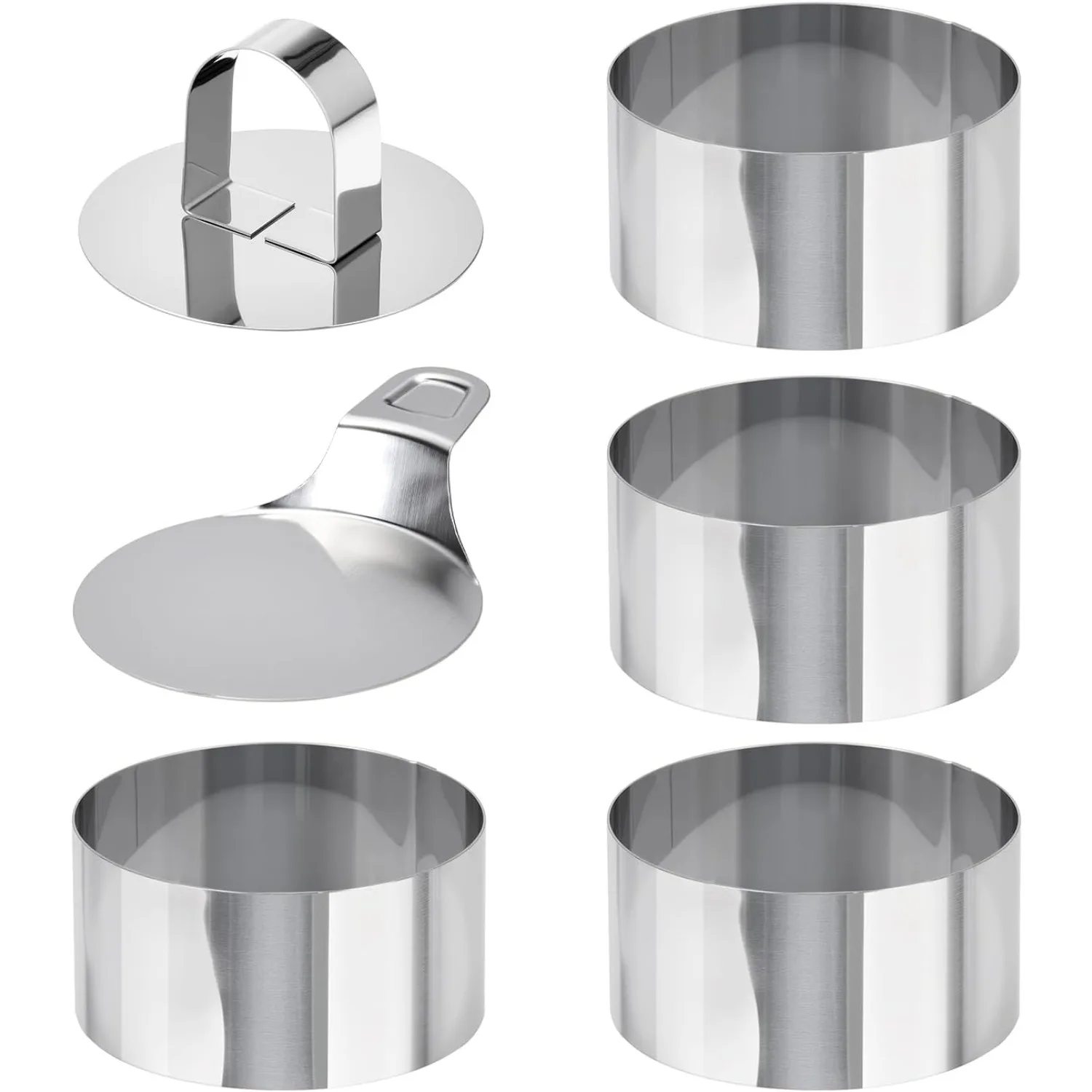 Juego de 6 moldes redondos para tartas, de acero inoxidable de 3 pulgadas, para crumpets, con empujador, levantador y molde para tartar de atún.
