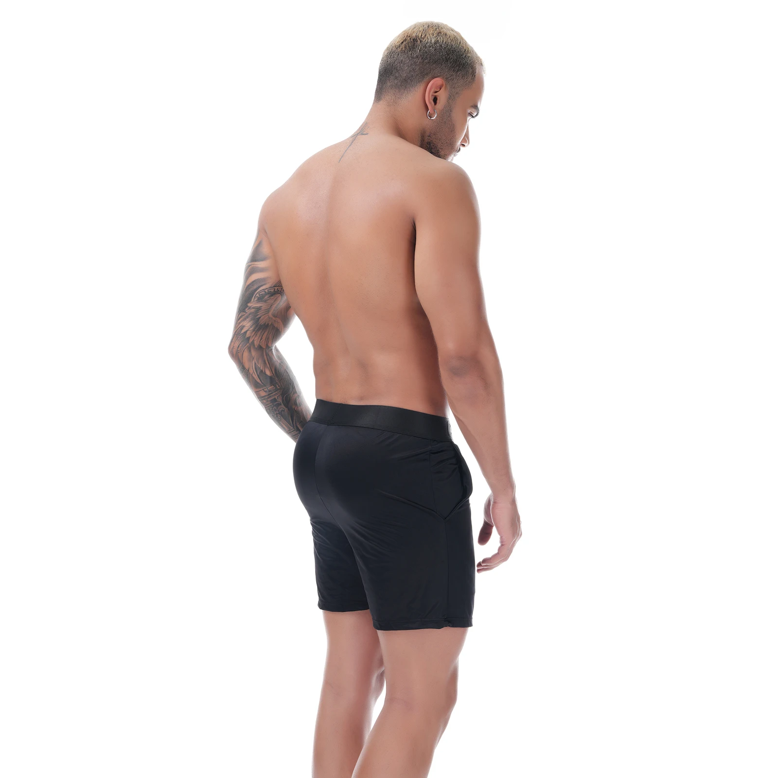 Glänzende Herren-Satin-Boxershorts mit breitem Bund, locker sitzende Boxershorts, glatte, dehnbare Lounge- und Schlafunterwäsche, Homewear-Unterhosen – Detail 22