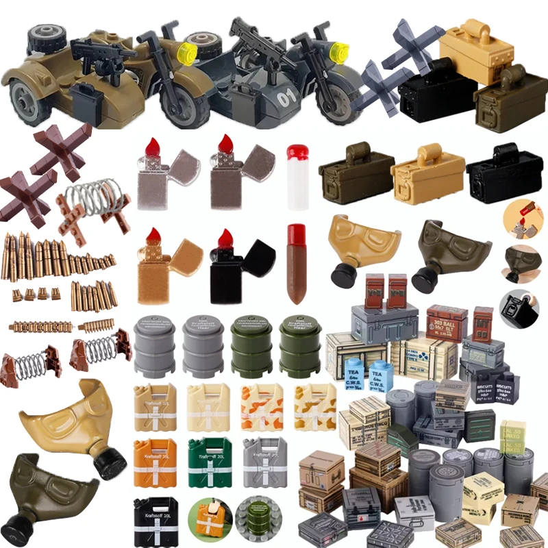 MOC الغاز الأخضر الجنود المطبوعة العسكرية الألمانية الملحقات الحرب الدراجات النارية صندوق الذخيرة المعدات الطوب ToysGift #1