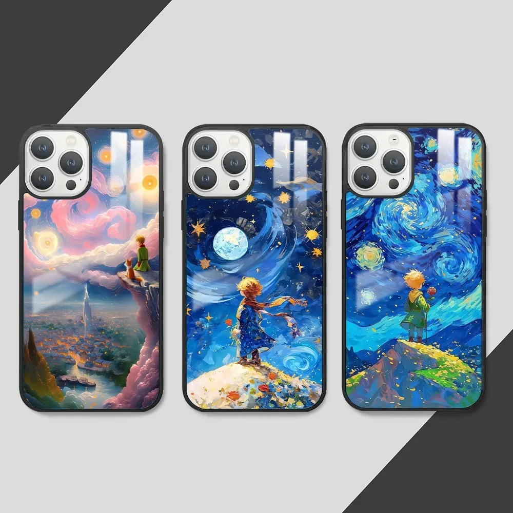 Little Prince in the Starry Sky by Van Gogh Phone Case For iPhone 16 15 14 13 12 11 Pro Max Plus Mini PC Fashion mirror phone ca