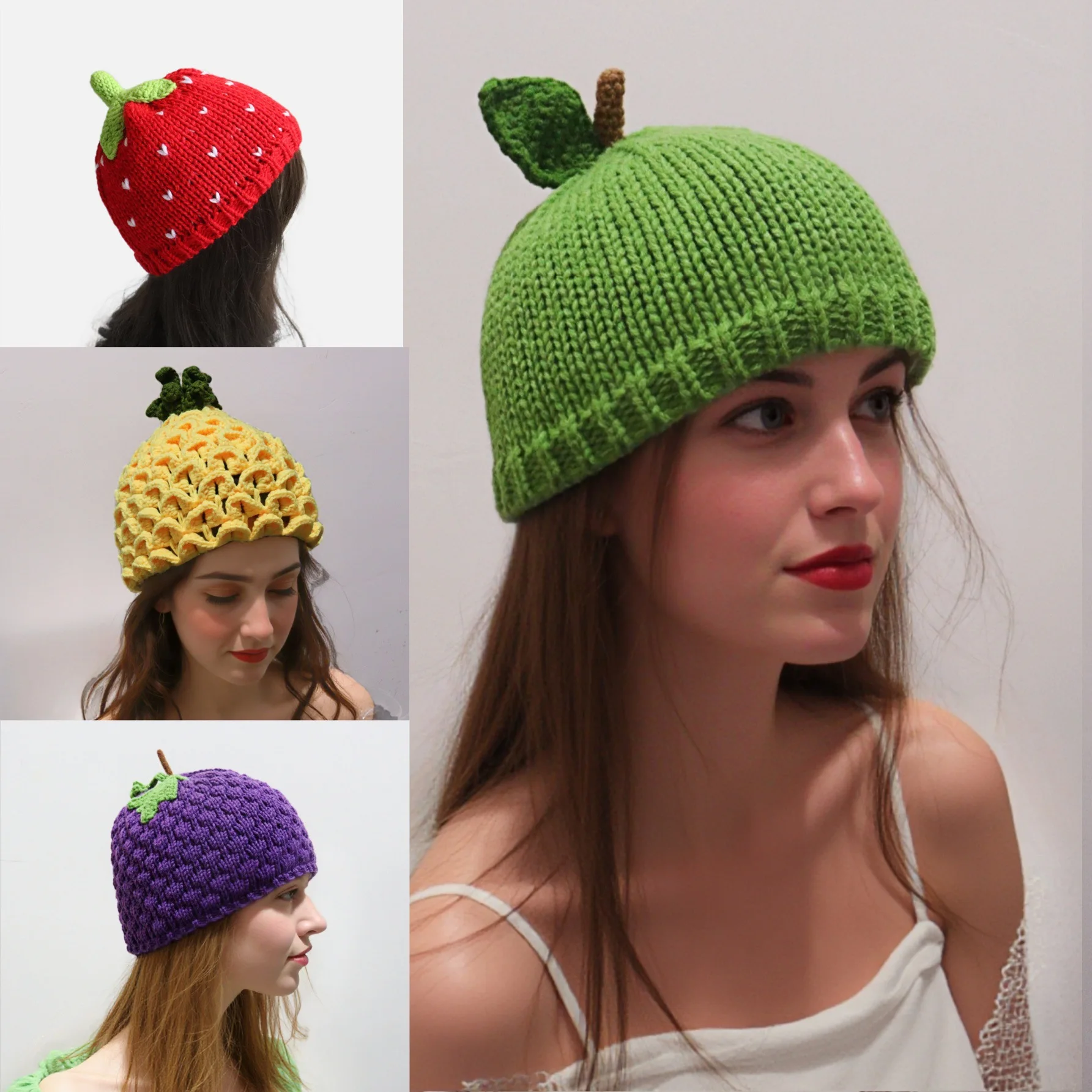 Sweet Fruit Hand Knitted Beanie Cute Grape Pineapple Wool Hat Fashion Casual Warm Headwear For Women Daily Matching Outfits