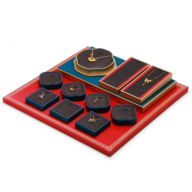 Chinese Heritage Gold Jewelry Display Set, Red Oriental Style Velvet Tray & Stand Customizable for Luxury Store Showcase