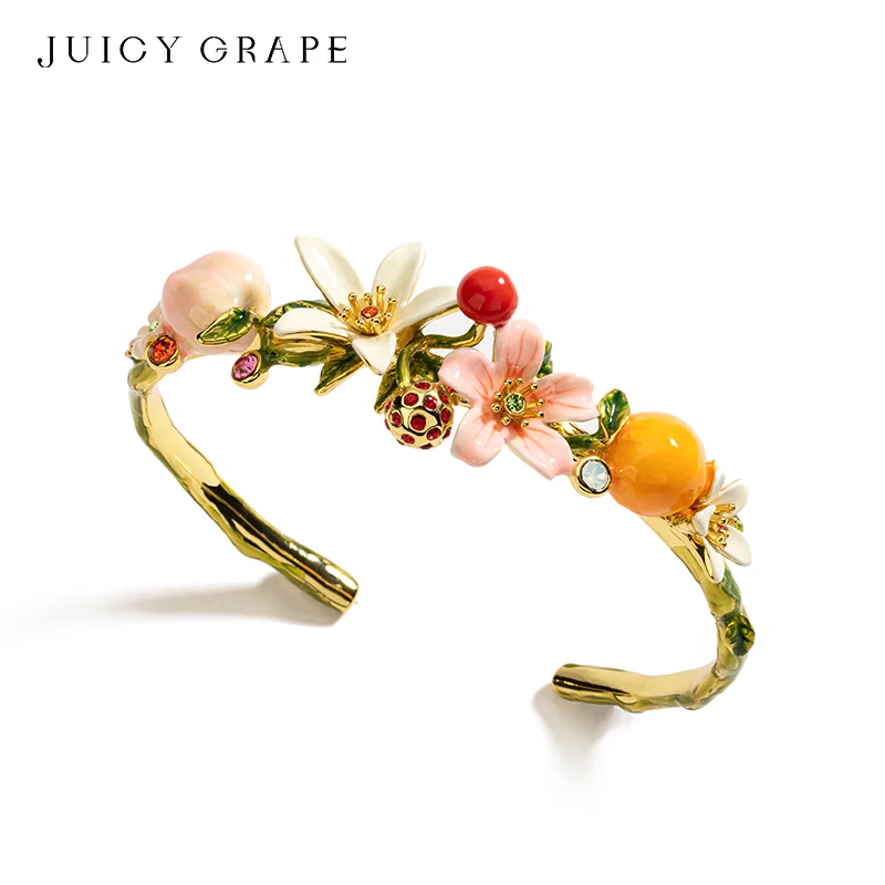 

JUICY GRAPE French Style Adjustable Peaches Oranges Cherries Flowers Fruit Series Enamel Bracelet Wedding Party Jewelry Gift