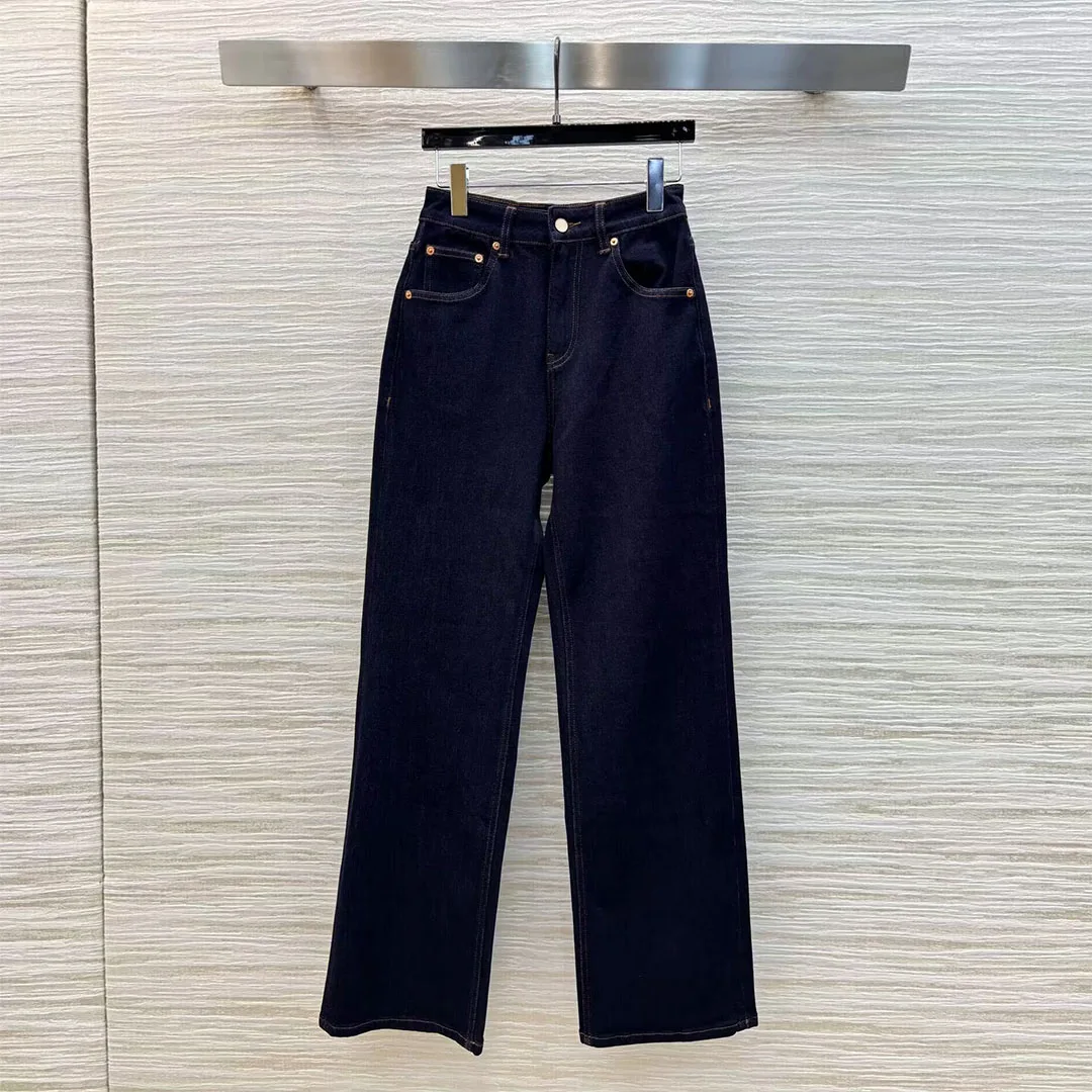 2024 New Fashion Design Navy Blue Straight Jeans Women High Waist Metal Pockets Casual Streetwear Cool Denim Pants