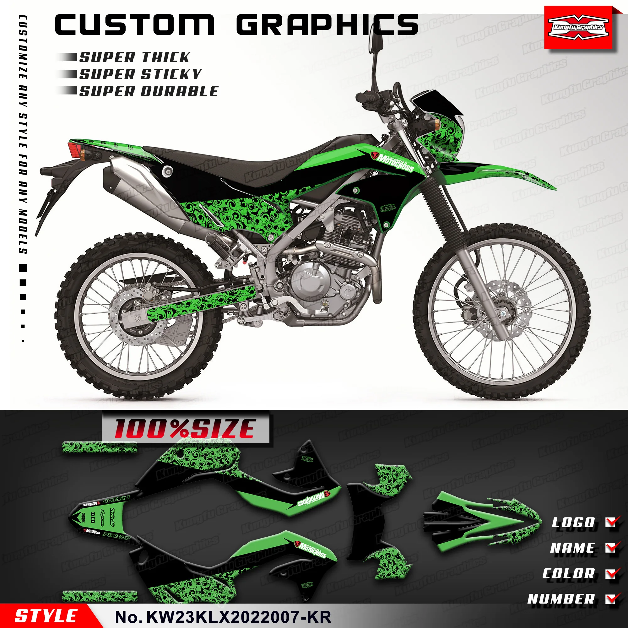 

KUNGFU GRAPHICS Adhesive Sticker Vinyl Decal Kit for Kawasaki KLX230 2020 2021 2022, KW23KLX2022007-KR