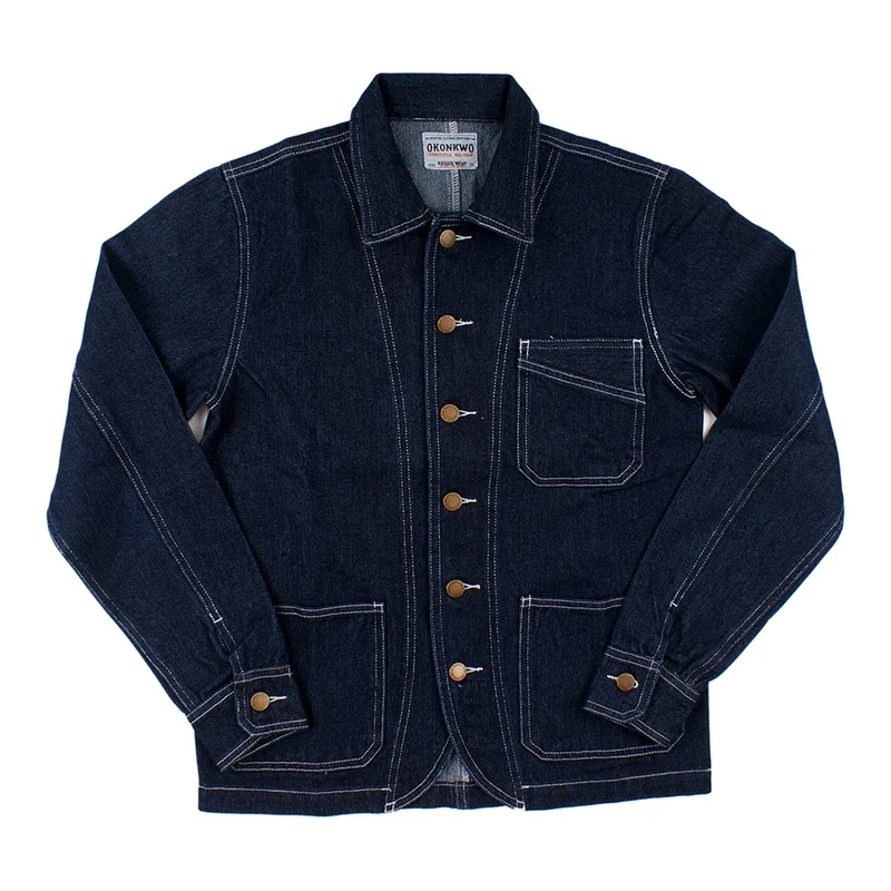 Men's Raw Denim Jacket Vintage Railroad Stripe Workwear Coat Amekaji Engineer Trucker Jacket Casual Motorcycle Outerwear