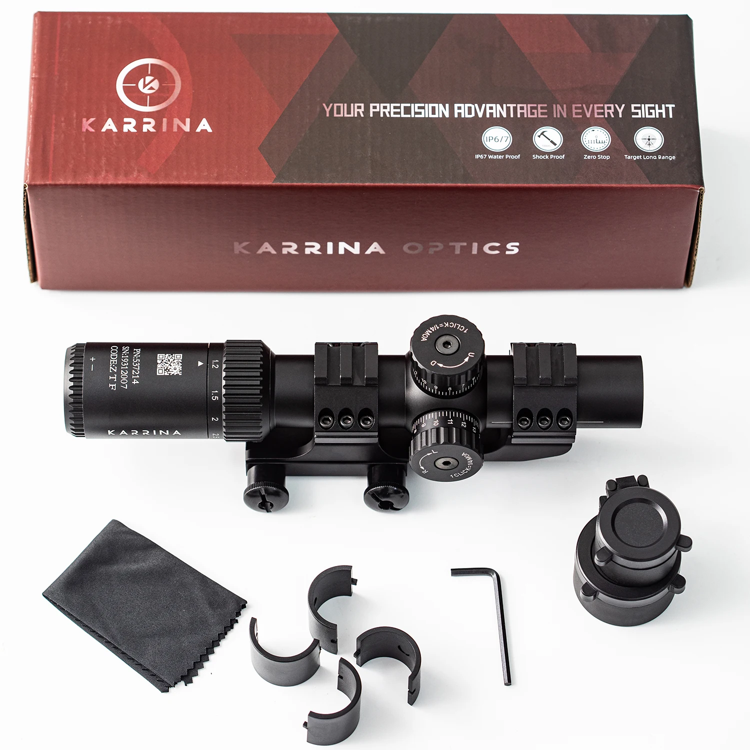 KARRINA Optics 1.2-6X24 IR SFP Compact Scope with Mil Dot Red Green Illuminated Riflescope Lock Reset for Hunting Sight