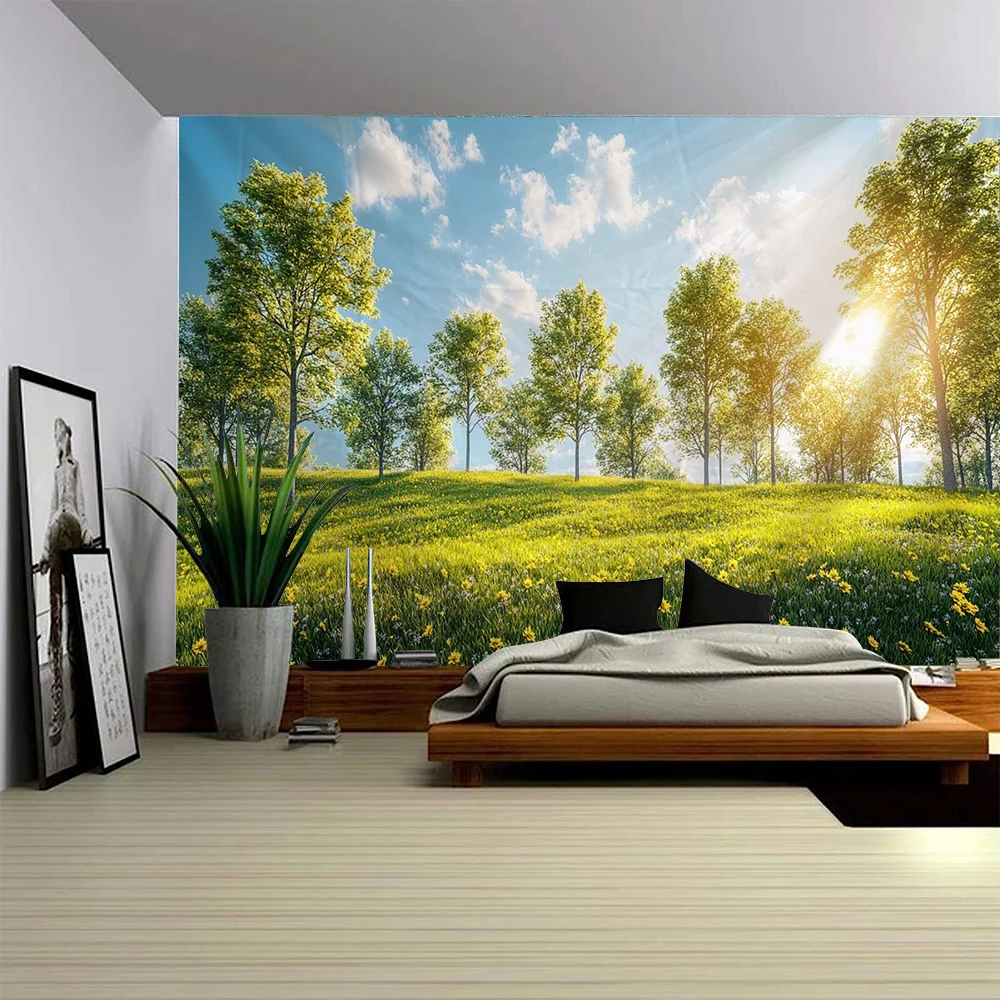 

Beautiful blue sky, white clouds, sunshine shining on green grassland, natural scenery, tapestries, home decoration