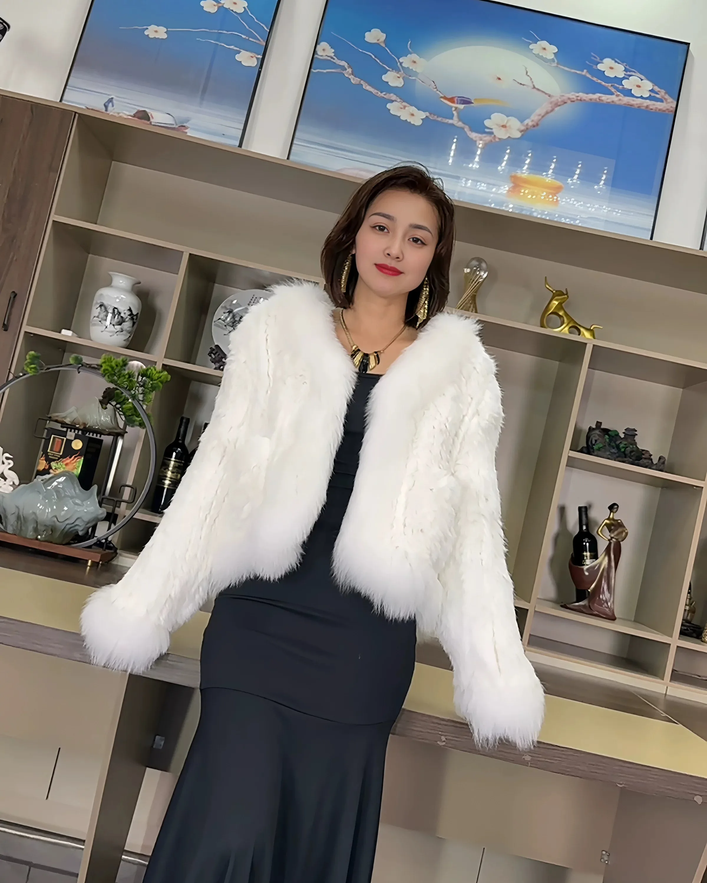 Hot Sales Real Rabbit Fur Coat Women Autumn Winter Fox Fur Collar Loose Coat Pure Handmade Double-sided Weaving Rabbit Fur Coat