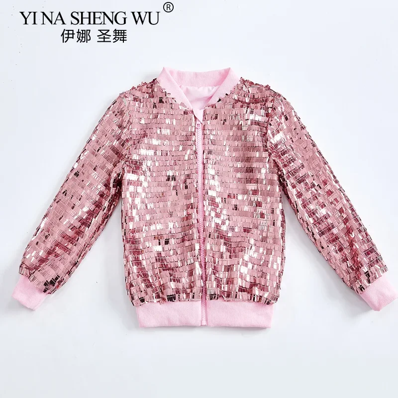 Kurtka z cekinami dla dzieci do tańca jazzowego, chłopięca i dziewczęca, odzież do hip hopu i tańca nowoczesnego, długi rękaw, zapinana na zamek, kurtka wiosenno-jesienna dla dzieci.