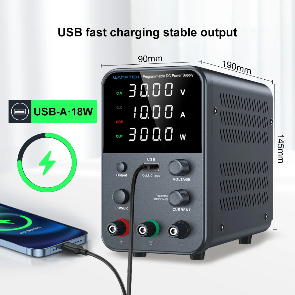 Adjustable DC power supply with 4-digit LED display, 5V/3.6A USB fast charging with encoder adjustment, output enable/disable