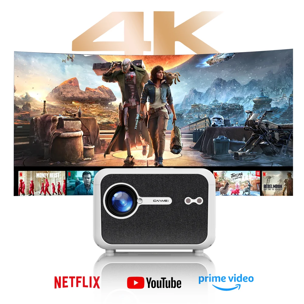 جهاز عرض CAIWEI A6L عالي الدقة 1080 بكسل، مسرح منزلي 4K، 2500 ANSI Dolby للأفلام، تلفزيون ذكي، واي فاي، جهاز عرض بؤري تلقائي مع MEMC