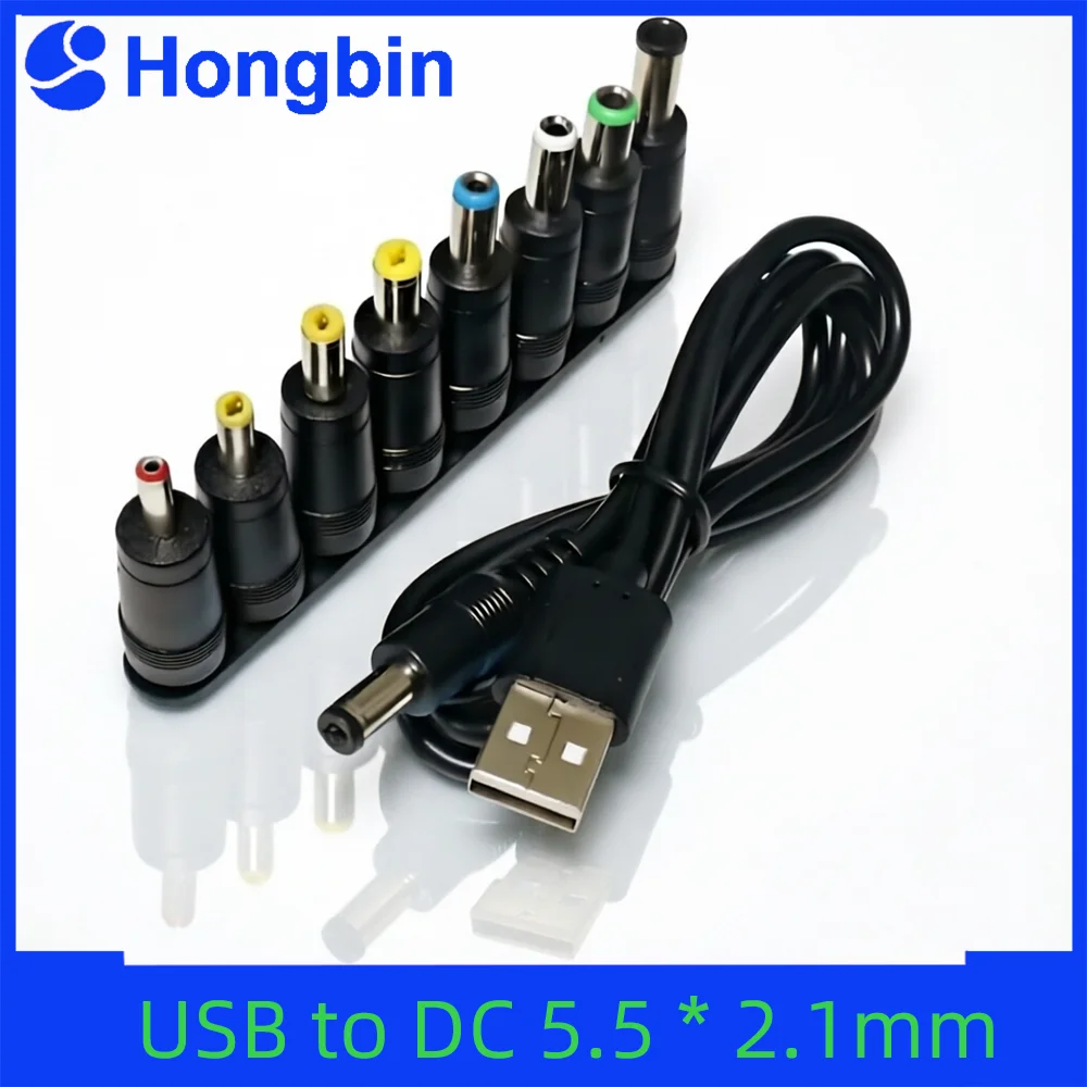 Universal Power Cable USB to DC 5.5 * 2.1mm Jack 5V Charging Cord with 8 Selectable Connector Tips for CCTV Cameras TV Box