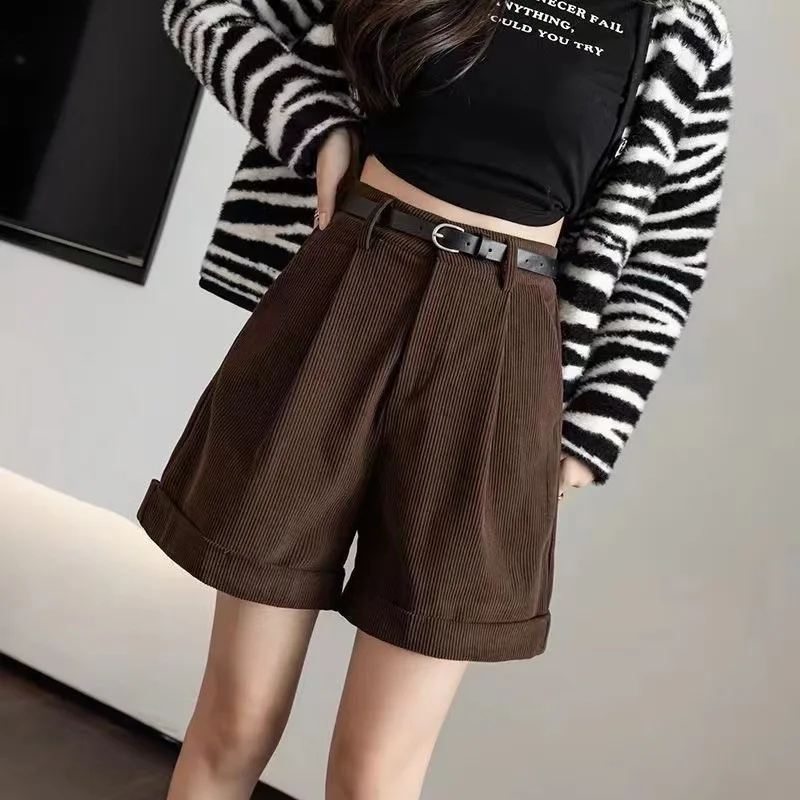 Corduroy Shorts Women Solid Casual Loose Office Lady Vintage Gentle All-match Streetwear High Waist Pockets Korean Style Chic