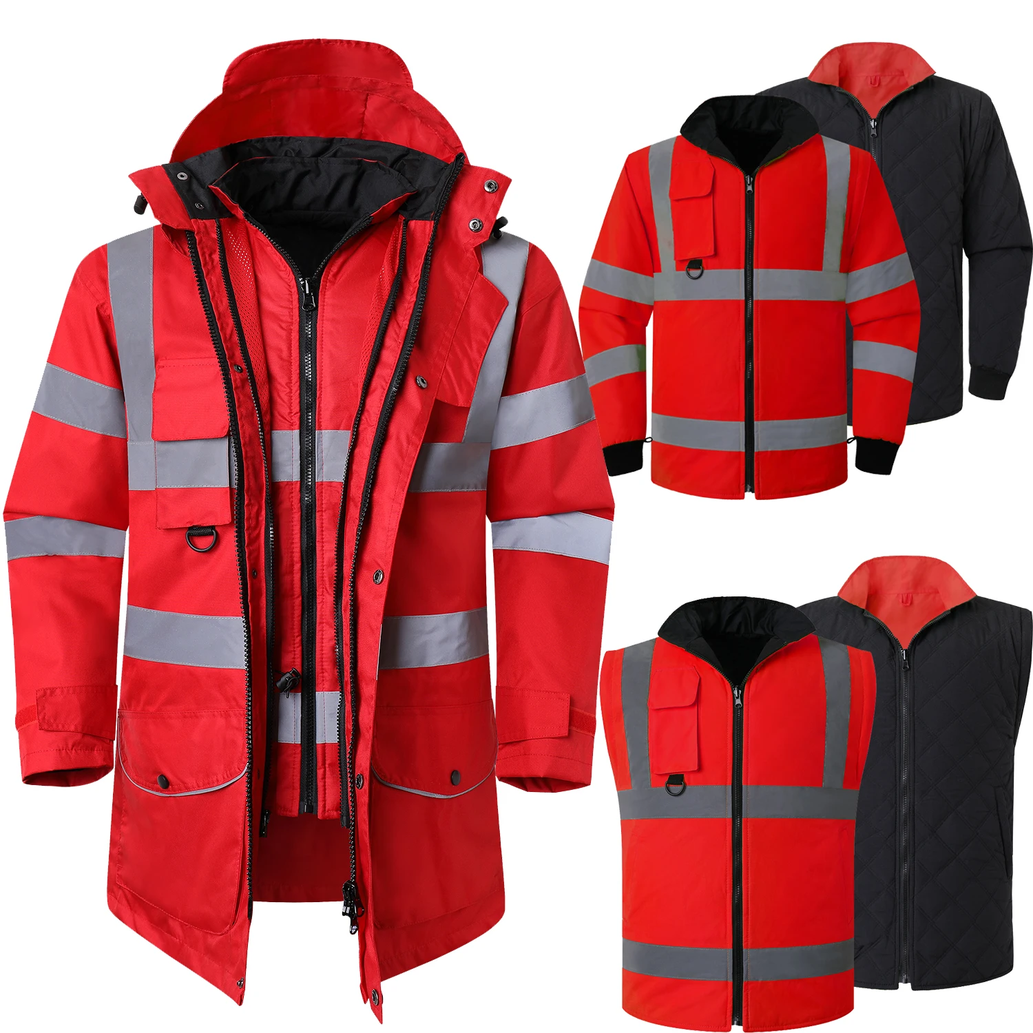 Men\'s Safety Parka Jacket 7 in 1 Waterproof Coat Reflective Safety Rain Jacket EN471 ANSI/SEA 107