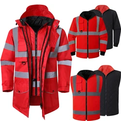 Men's Safety Parka Jacket 7 in 1 Waterproof Coat Reflective Safety Rain Jacket EN471 ANSI/SEA 107