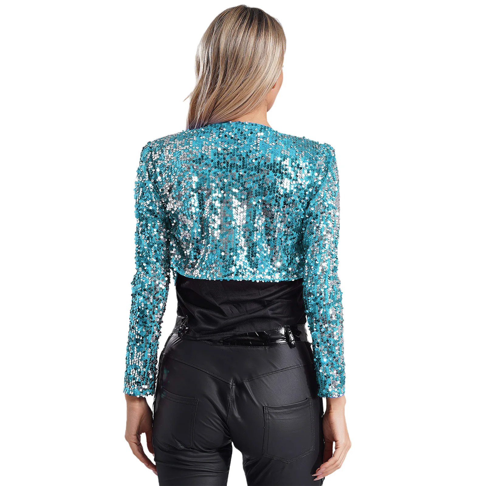 Womens Sparkly Sequin Crop Jacket Top Outerwear Open Front Long Sleeve Fully Lining Crop Cardigan Blazer for Cocktail Club Party