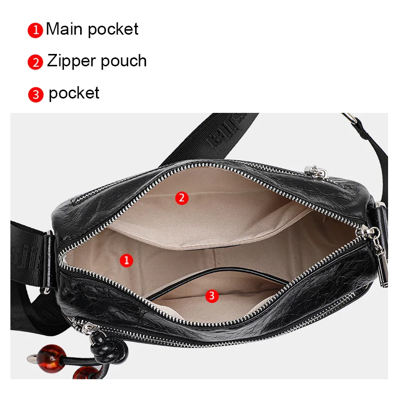 Genuine Cowhide Wrinkle Crossbody Bag Wide Adjustable Strap Bead Decor Multi Pocket Ladies Shoulder Bag Daily Travel Shopping