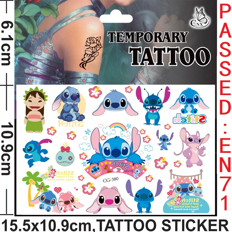 Autocollants de tatouage Disney Stitch pour enfants, accessoires d'anime, autocollants de transfert d'eau Kawaii Stitch Chicken, décorations de fête, cadeau de jouets